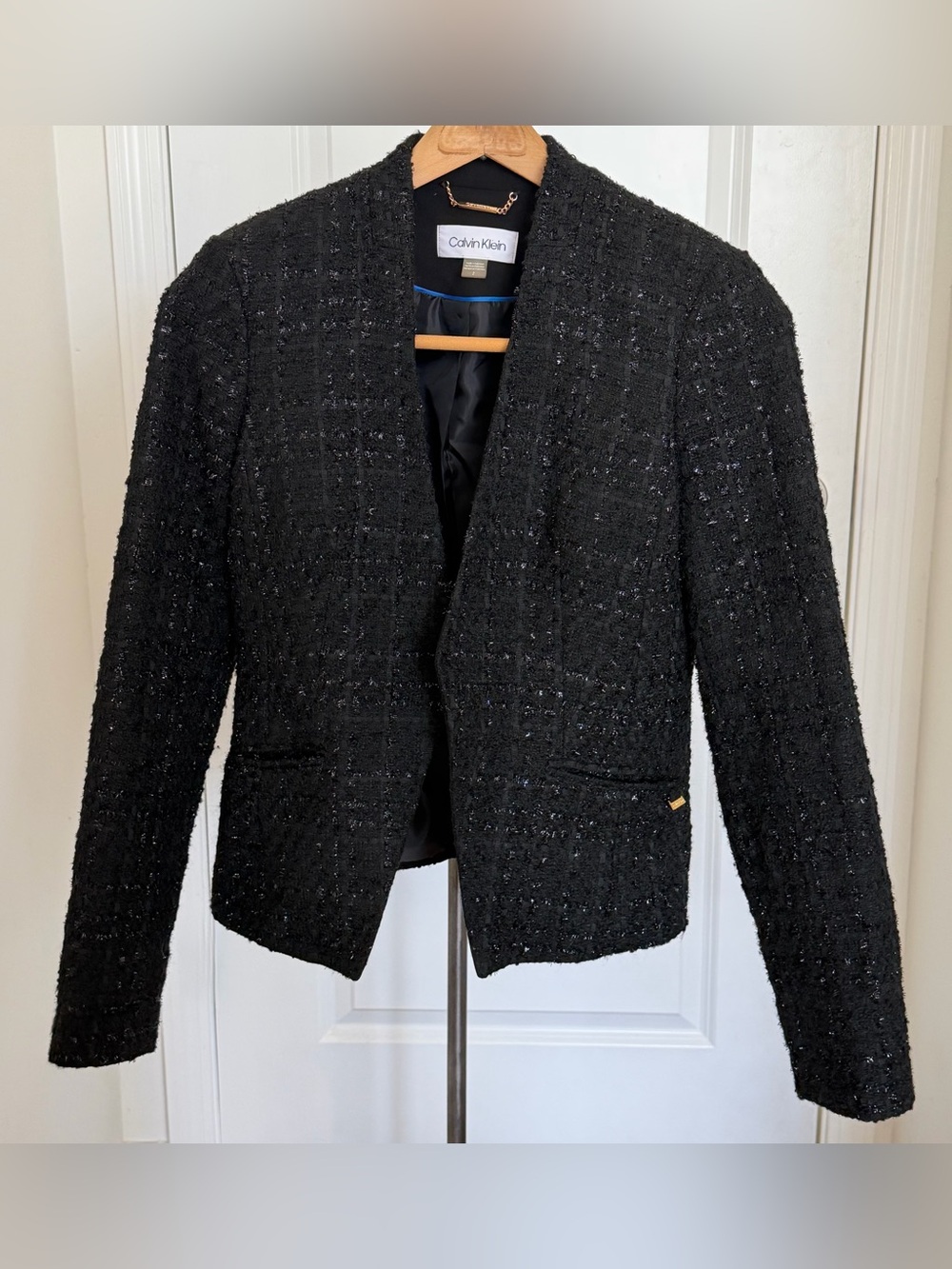 Calvin Klein Metallic Bouclé Tweed Open Front Blazer Black 2